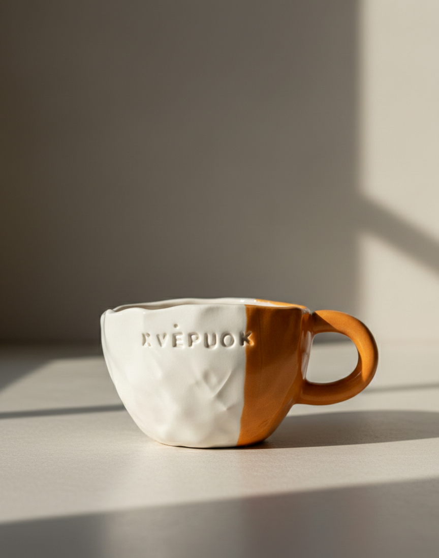 Rankų darbo keraminis puodelis „Kvėpuok“